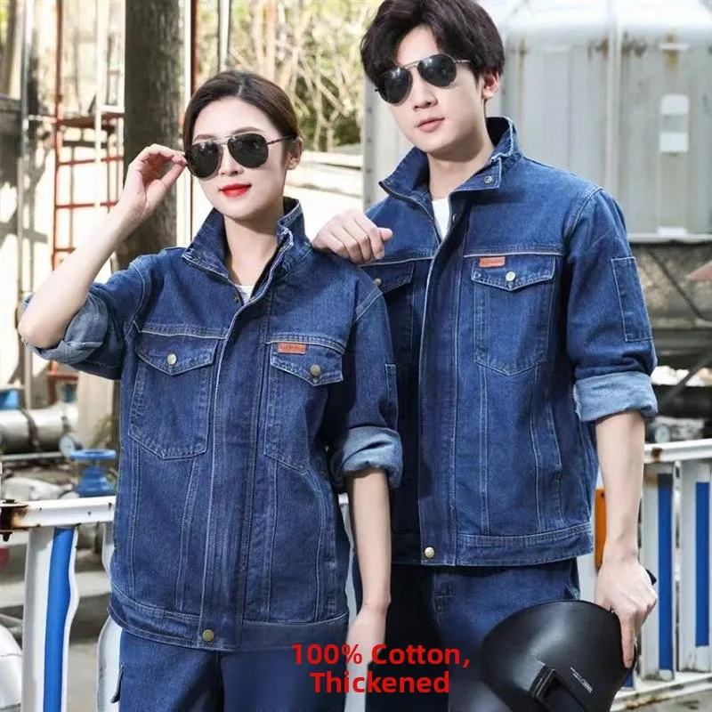 

Весенне-осенний джинсовый рабочий костюм для мужчин: для сварки, строительных работ, защита от ожогов, износостойкий, для морского персонала, защитная спецодежда