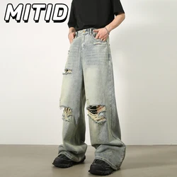Korean Fashion Hole Ripped Jeans Men Mid-waist Straight Wide Leg Pants Hip Hop Streetwear Vintage Washed Jeans Trousers For Men