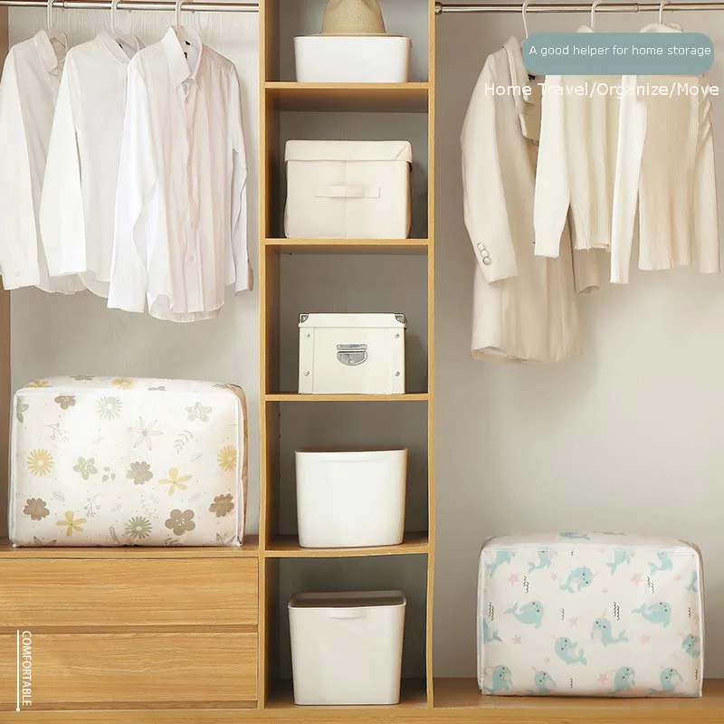 Printed Quilt Clothes Storage Bag Folding Duvet Blanket Sorting Bags Dust-Proof Closet Under-Bed Storage Moistureproof Organizer