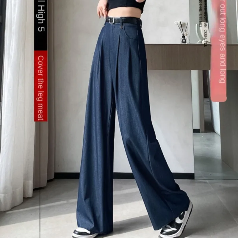 Summer Must-have Denim Pants Made Of Ice Silk Fabric Deep Blue Wide Leg Pants With High Waist And Vertically Loose Floor Pants