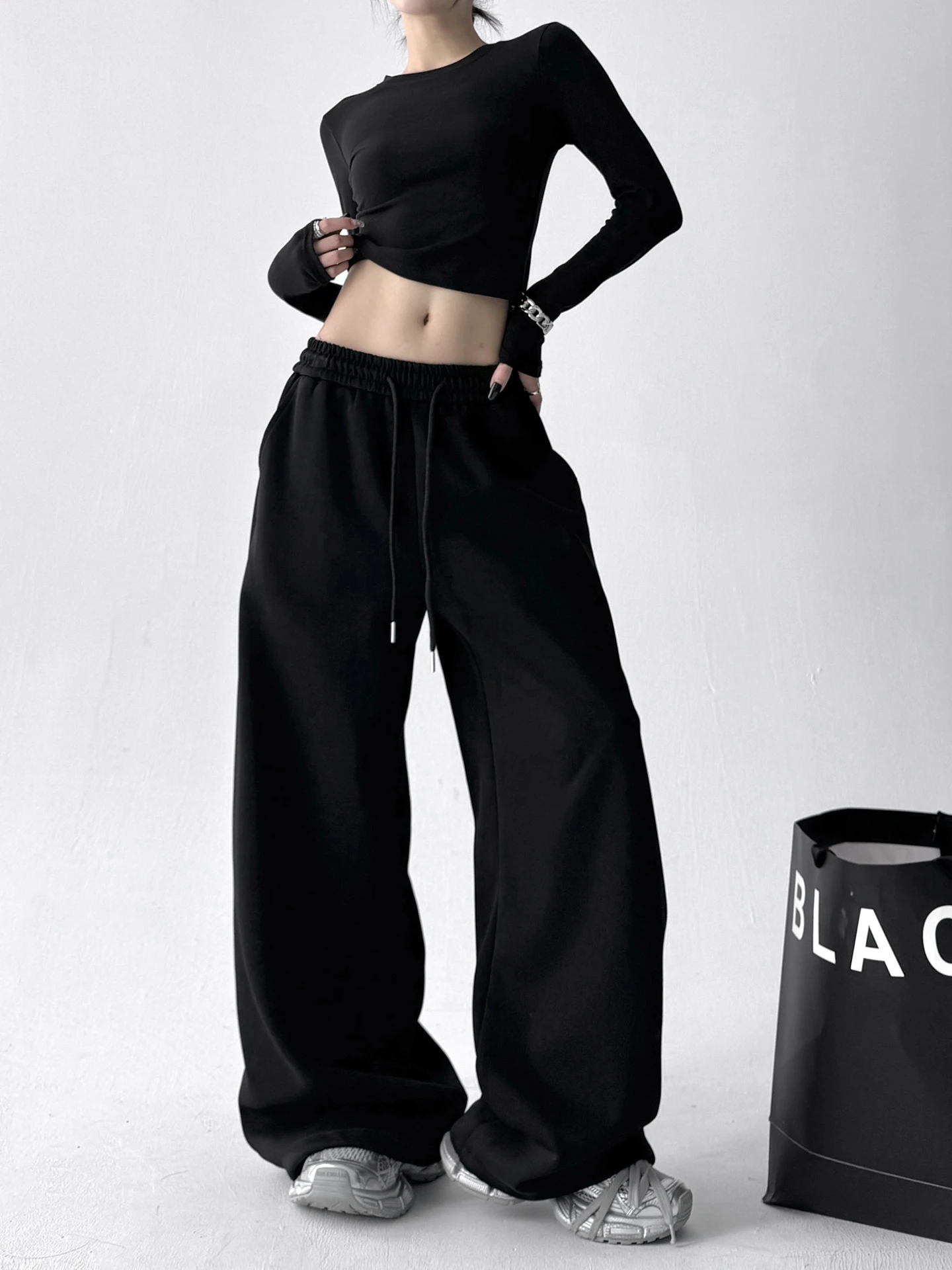 Calças Casuais Fenas de Cintura Alta, Perna Larga e Reta, Estilo Solto, Efeito Emaecimento, Novo Estilo Primavera-Outono