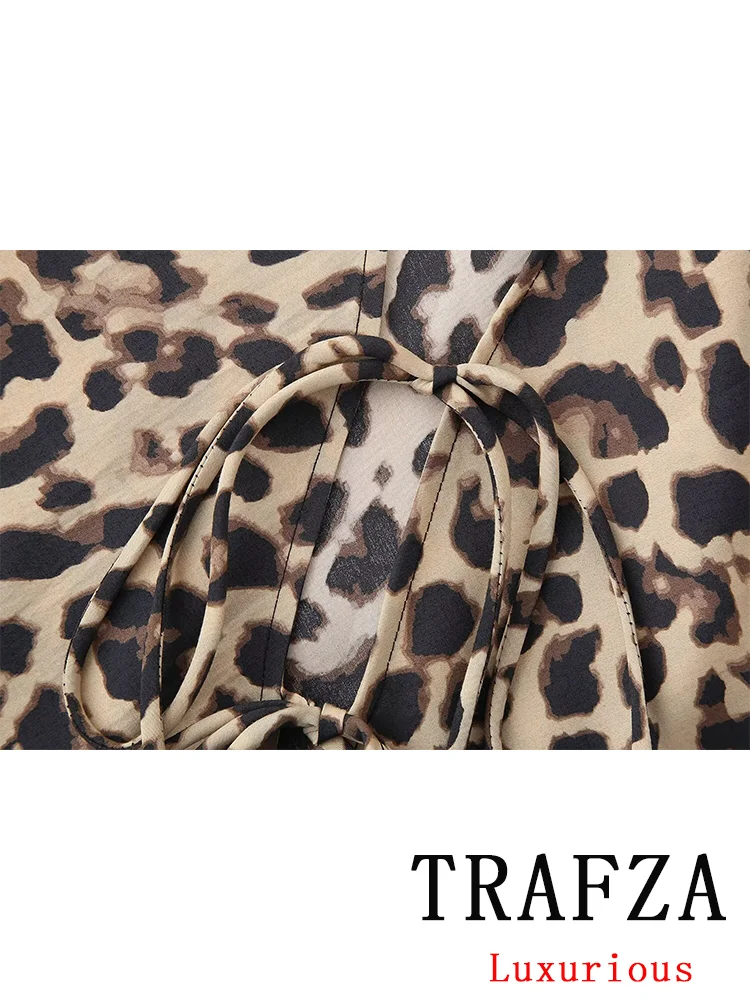 TRAFZA Vintage Casual Women Blouse Print Leopard Long Sleeve V Neck Lace-up Blouse Fashion 2024 Spring Summer Streetwear Shirts