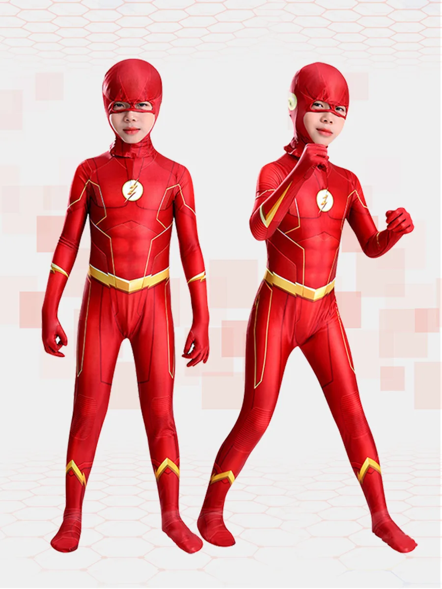 Kids Flash Man Boys Cosplay Costume New Year Carnival Party Fancy Dress with Headgear Mask Sets