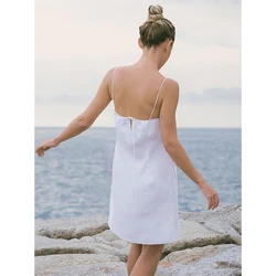 Cotton Linen Women'S Summer Dress Casual Sleeveless Back Bandage Lace Up Birthday Party Dress Holiday Beach Sundress Robe Femmes