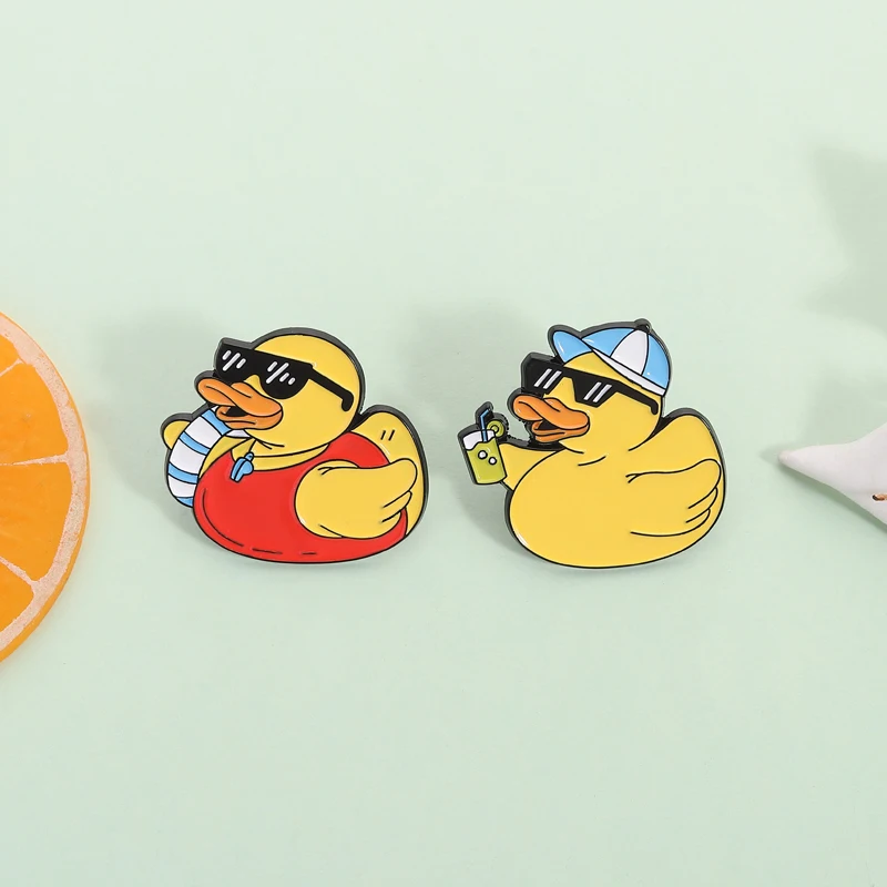 Yellow Duck Enjoying Holiday Enamel Pins Summer Duck With Sunglasses Swimming Ring Cute Animal Brooches Lapel Badge Jewelry Gift
