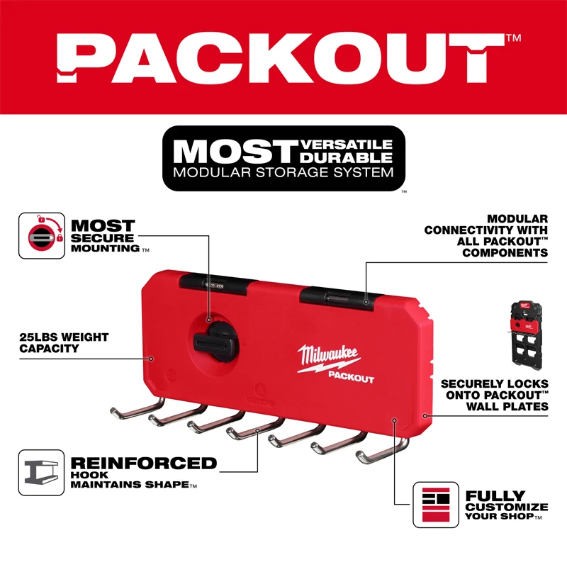 Milwaukee PACKOUT 48-22-8329 7 Hook Rack Wall Mounted Storage Article Metal Reinforcement Durable Tool Accessories 1PCS/3PCS