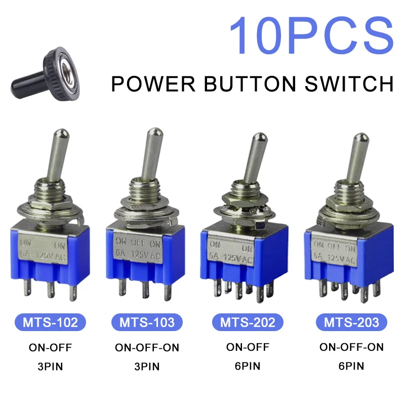 10PCS SPDT Mini Toggle Switch ON-Off-ON/ON-ON MTS202 203 Miniature Power Button Switch AC125V/6A Rocker Switch MTS-102 103