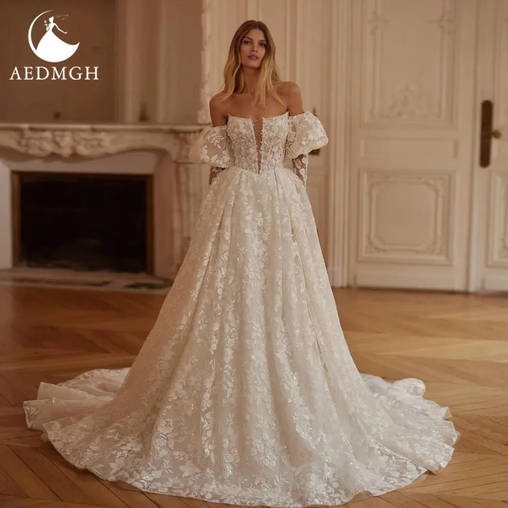 Aedmgh A-Line Delicate Wedding Dresses For Women Strapless Vestido De Novia Lace Appliques Charming Custom Made Bridal Gown