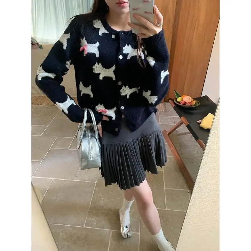 Sweet Bow Jacquard O-neck Knitting Cardigan Coat Women Autumn Fashion O-neck Sweater Casual All-match Preppy Style Knitwear Tops