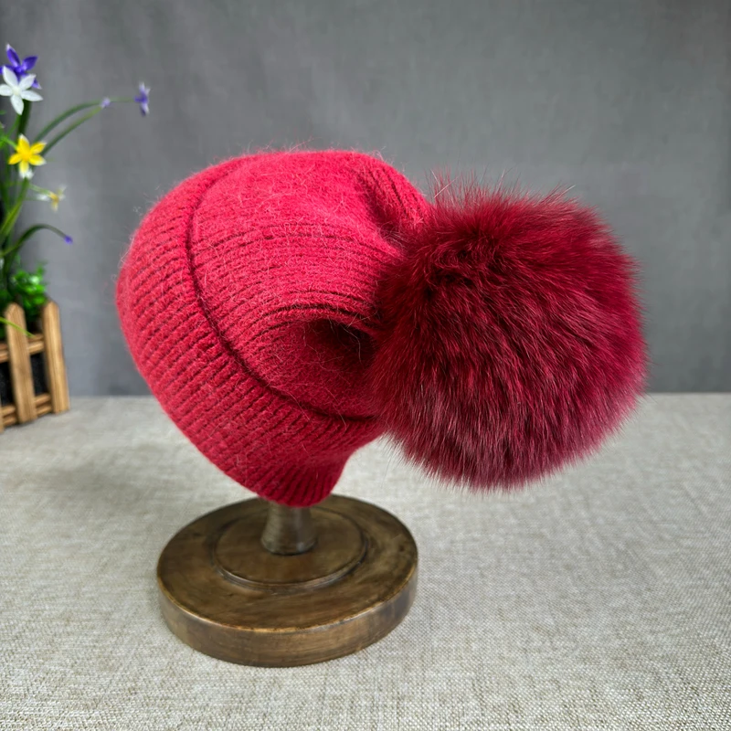 2024 hot selling fox fur ball rabbit fur knitted hat for men and women shopping versatile warm ear protection hat