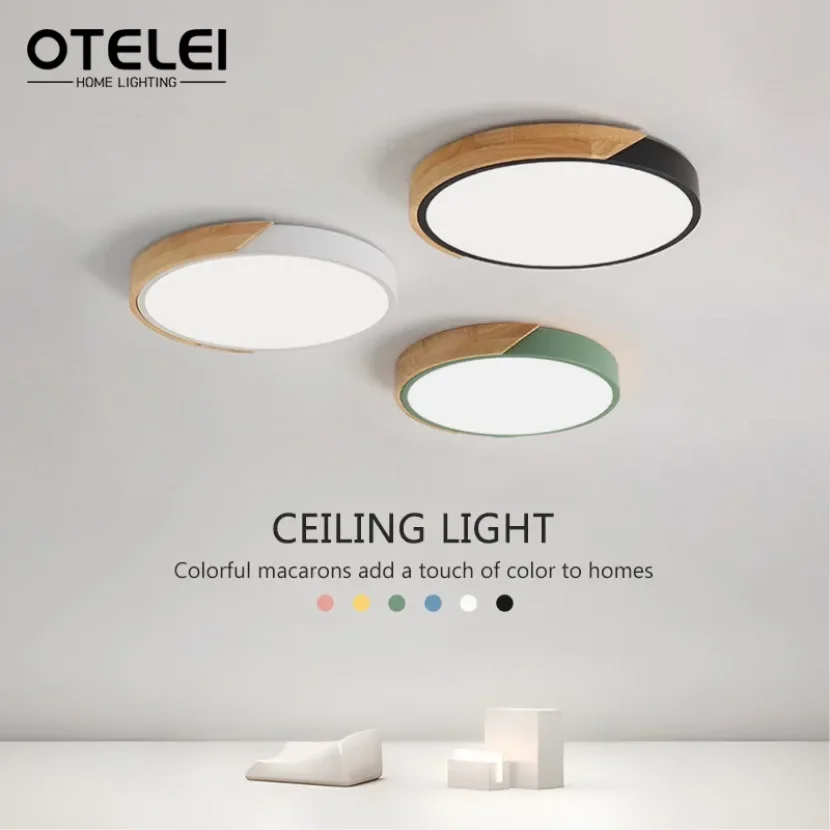 

Modern LED Wooden Ceiling Light Circular Creative Macaron Decorative Light Nordic Children's Room Bedroom Balcony Home Light