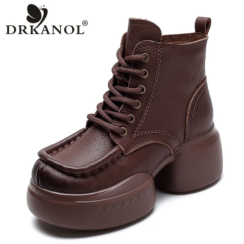 DRKANOL Handmade Thick High Heel Ankle Boots For Women Winter Wool Warm Boots Ladies Genuine Cow Leather Platform Casual Boots