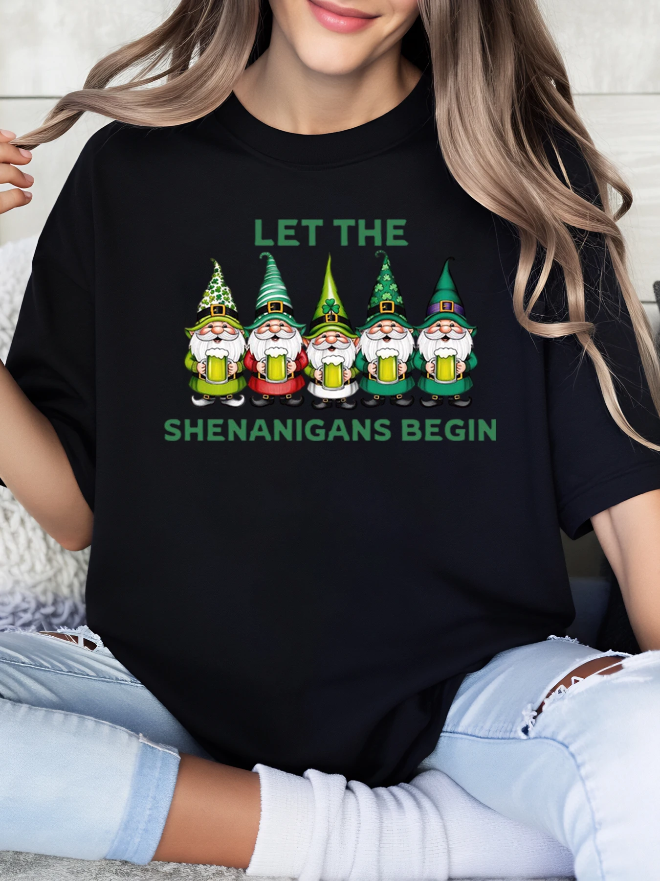 

Gnomes with Beer Let the Shenanigans Begin St. Patrick's Day T-Shirt Women's Casual Party Wear Black Plus-Size
