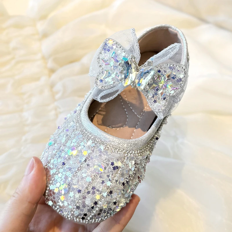 Children\'s Summer Fashion Sequined Shoes Girls Cute Rhinestone Pearl Bowknot Princess Shoes Wedding Shoes Flat Heel Sandals