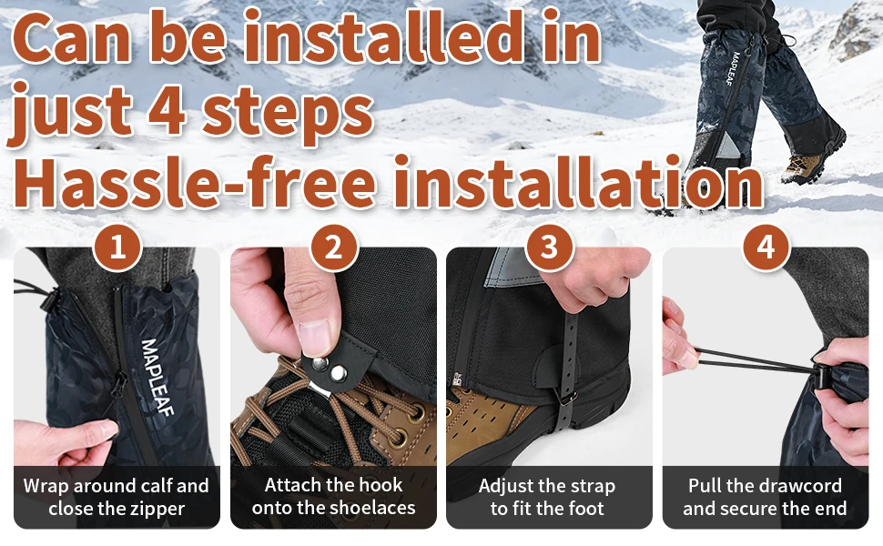MAPLEAF Schneeschutzmanschetten Wasserdicht Leichtgewichtig 600D Oxford TPU-Band Stahlhaken Reflektierend für Alpen- und Bergwanderungen im Winter Outdoor – Detail 4