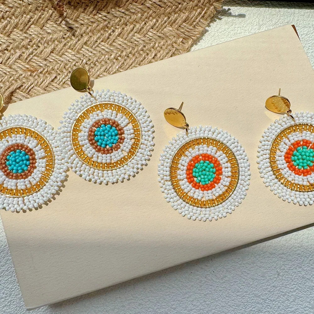 

ZGMXR Rice bead earrings Crystal Sun Pattern Creativity Bohemia Alloy Hand weaving Female Fashion Simple Beaded earrings