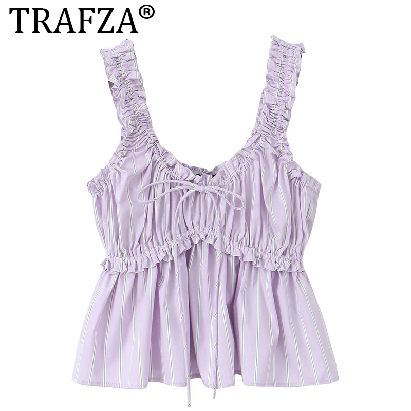 TRAFZA Weibliche Hosen Anzüge Lila Ärmellose Spitze-Up Falten Top + Mid-Taille Bogen Tasche Tasten Breite bein Hosen Frau Streetwear ONKOGENE