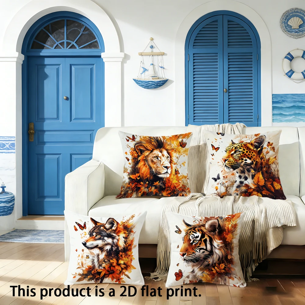 1pc Autumn Wildlife Square Throw Pillow Covers with Wolf Tiger Lion Leopard Prints
