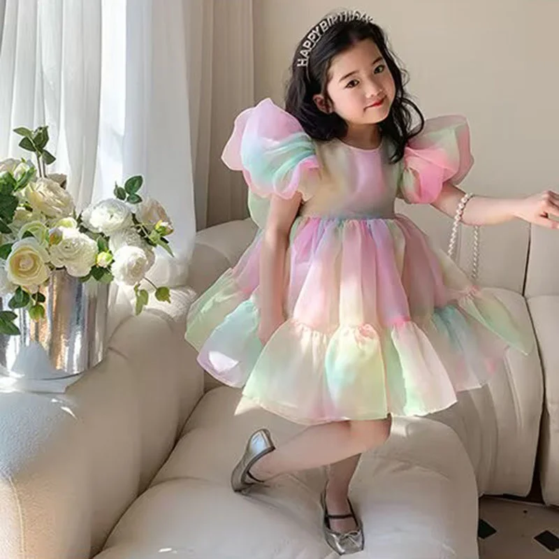 Summer Girl Skirt Puff Sleeve Mesh Skirt Rainbow Puffy Princess Press Girl Toddler Bow Round Neck Dress