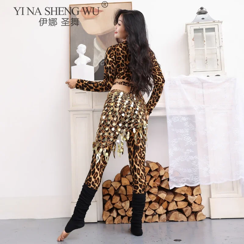 Roupas de prática de dança do ventre feminino leopardo novas calças ocas sexy topos profissão dança hip cachecol traje de dança do ventre