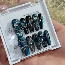 10Pcs Detachable False Nails with Rose Butterfly Rhinestone Pearl Long Ballet Full Cover Coffin Fake Nail Wearable Press on Nail