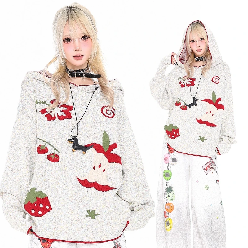 Otoño nuevo divertido estampado de frutas suéter con capucha para mujer diseño Original estilo japonés Casual suelto versátil Jersey de punto señoras