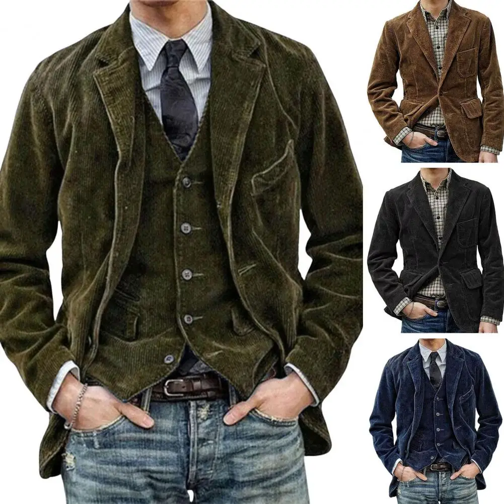 Men Corduroy Suit Casual Jacket Men's Clothing Single Breasted Button Pockets Solid Color Office Business Casual Outerwear