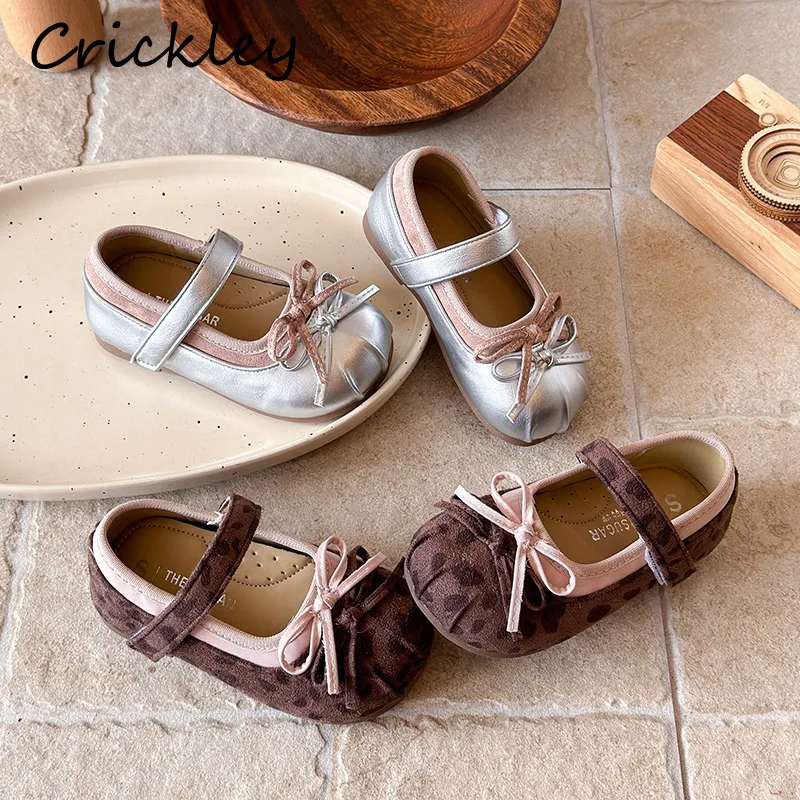 Bow Leopard Kids Flats Shoes PU Leather Shallow Hook Loop Girls Princess Shoes Anti Slip Toddler Children Party Shoes