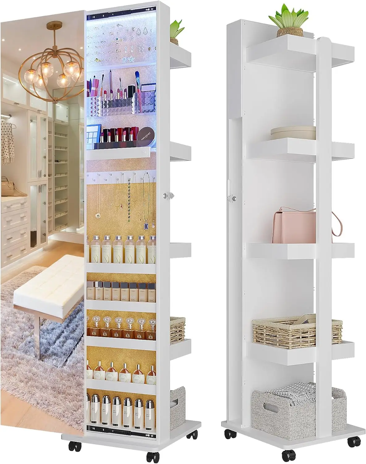 360° Swivel Jewelry Armoire with 3-Color LED,Cabinet with Slidable Full Length Mirror, with 5-tier Storage Shelf ,Cloakroom