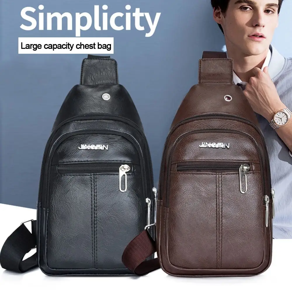 Solid Color Men's Sling Bag Fashion PU Leather Large Capacity Crossbody Bag with Earphones Hole Anti-theft Chest Bag