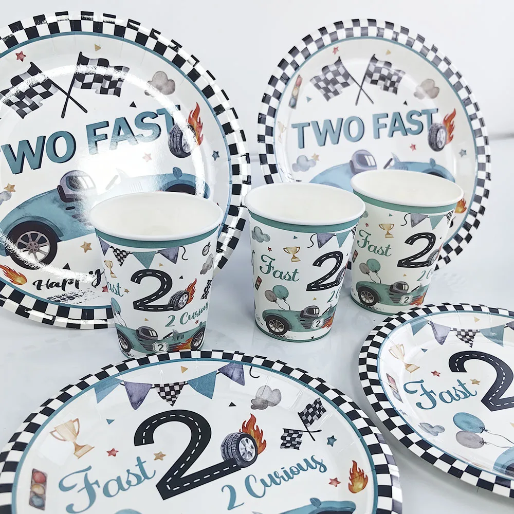 Two Fast Theme Birthday Party Decorations Tableware Boys Race Car 2nd Birthday Party Supplies Plate Napkin Cup Tablecloth