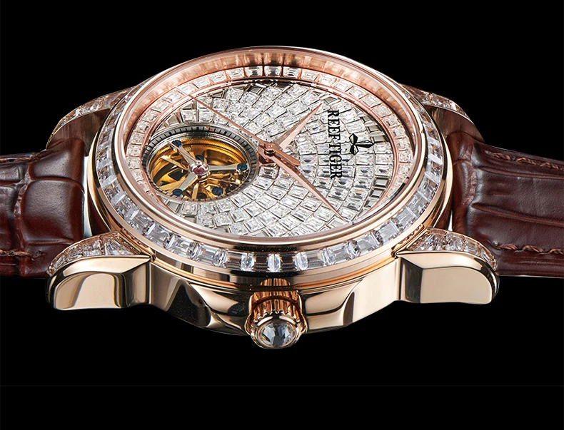 Reef Tiger Men Automatic Watch 41.5mm Luxury Mechanical Wristwatch Luminous Skeleton Crystal Dial Bezel Sapphire Mirror