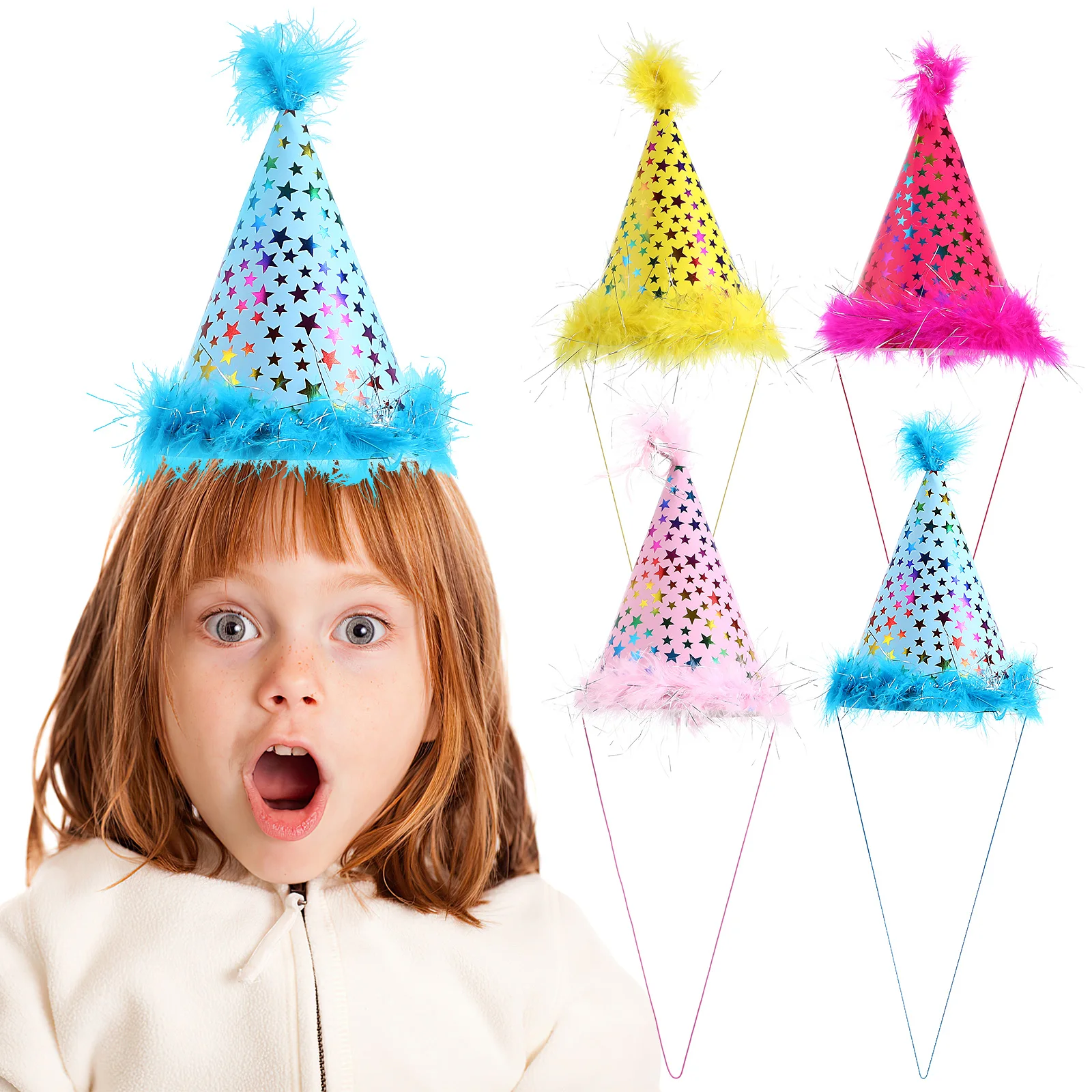 

4Pcs Premium Cloth Party Hats Stars Cone Hats Birthday Party Supplies Attractive Photo Props