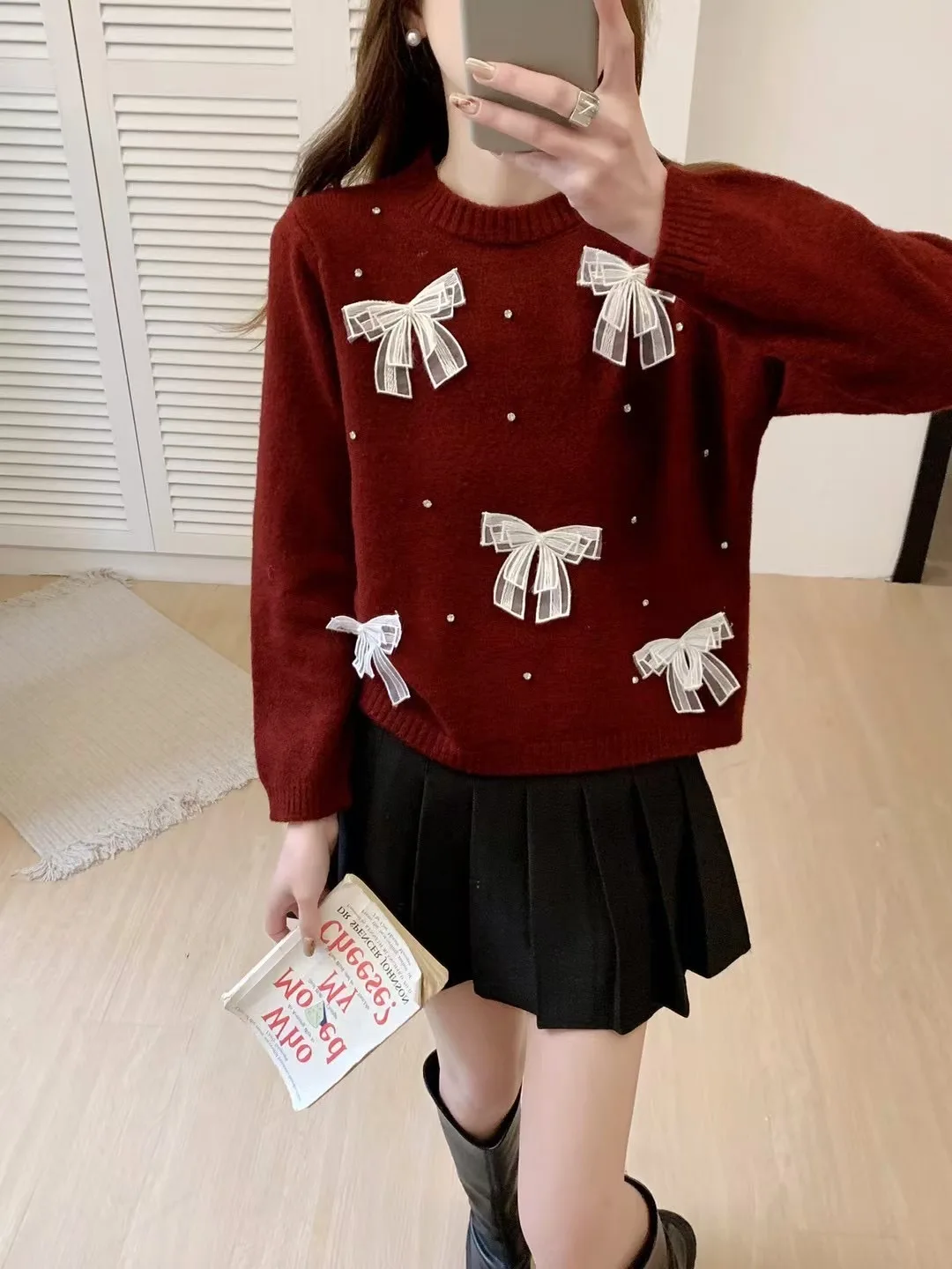 

Butterfly Knot Diamond Decor Design Sweet Sweater Women Spring Autumn Plus Size New Style Temperament Solid Color Knit Sweater