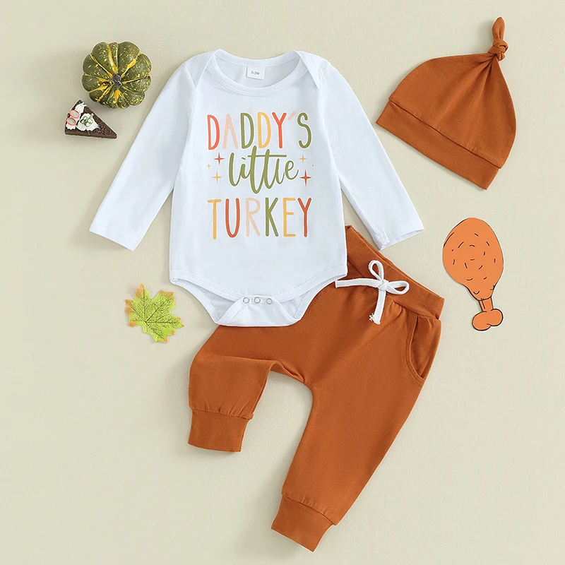 

Infant Boys 3-Piece Outfit with Long Sleeve Romper Drawstring Pants and Matching Hat Set Featuring Letter Print