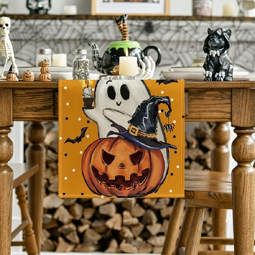 Orange Polka Dot Pumpkin Cat Halloween Table Runner Bat Spider Fall Dresser Scarves Table Cover for Home Party Decoration