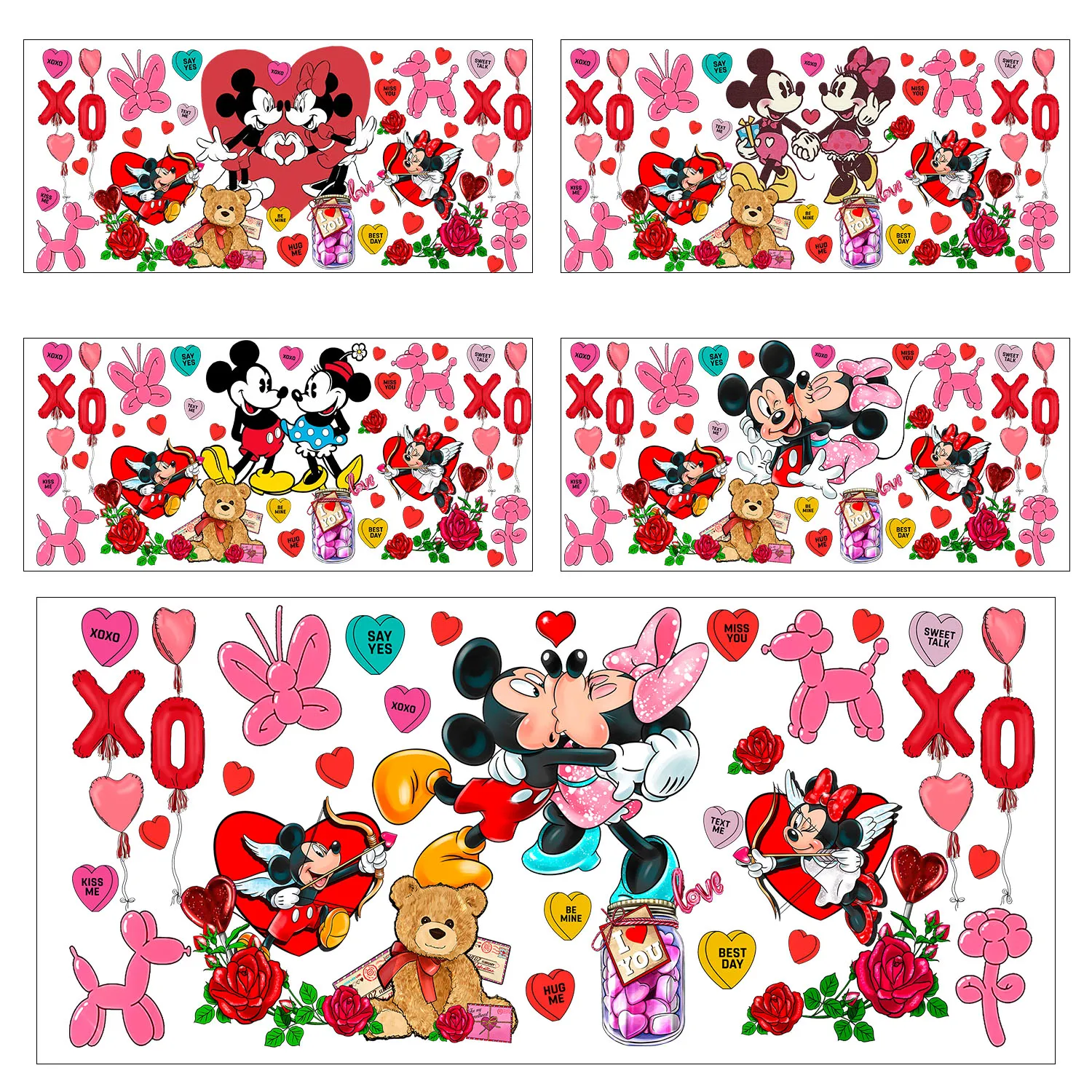 عيد الحب ميكي XOXO سهل التقشير مقاوم للماء لتقوم بها بنفسك الشارات ثلاثية الأبعاد نقل ملصقات uvdtf 16oz uv dtf بهلوان كوب يلتف ملصق