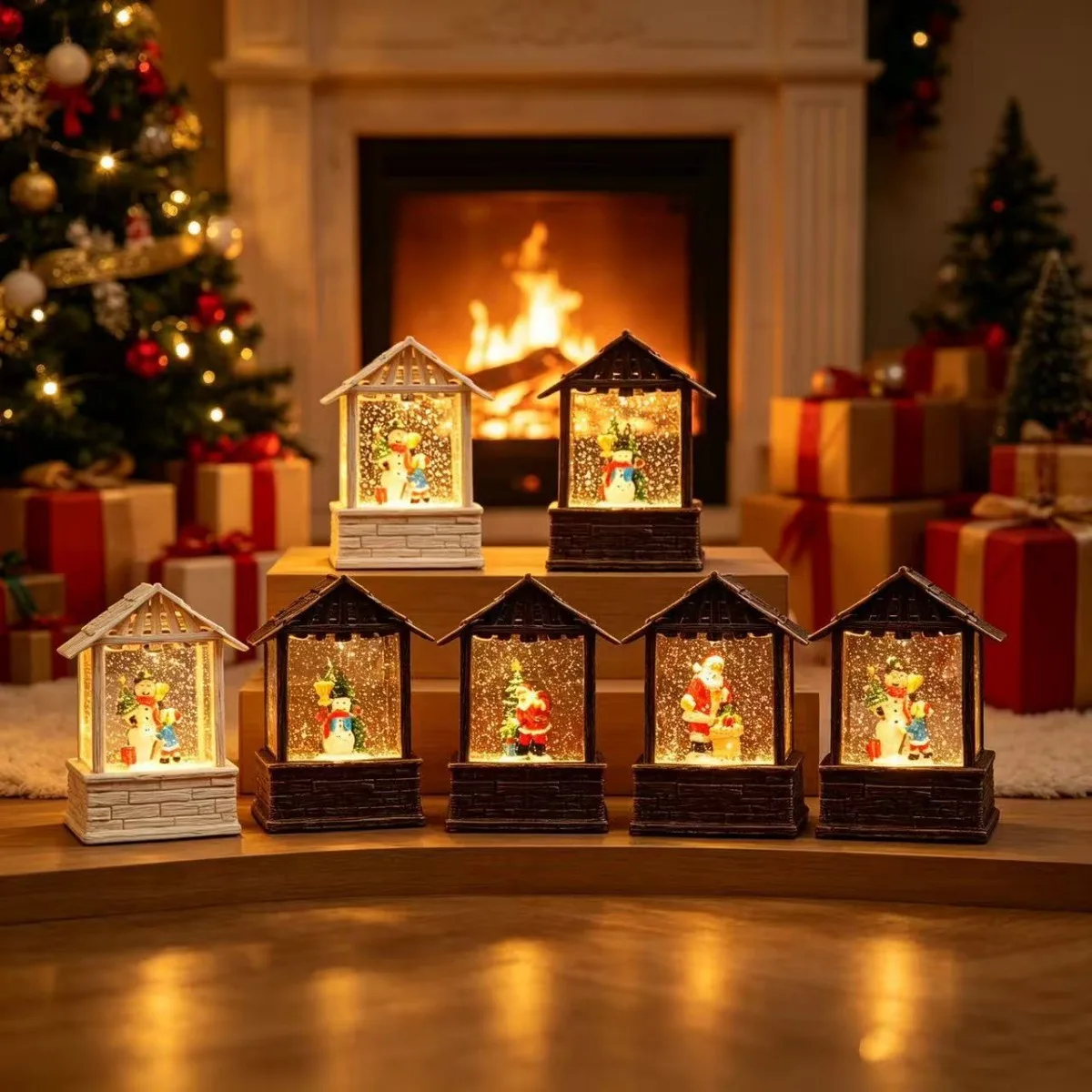 New Christmas Flat House Water Lantern, LED Light Up Floating Snow Globe Ornament, Xmas Tabletop Holiday Home Decor