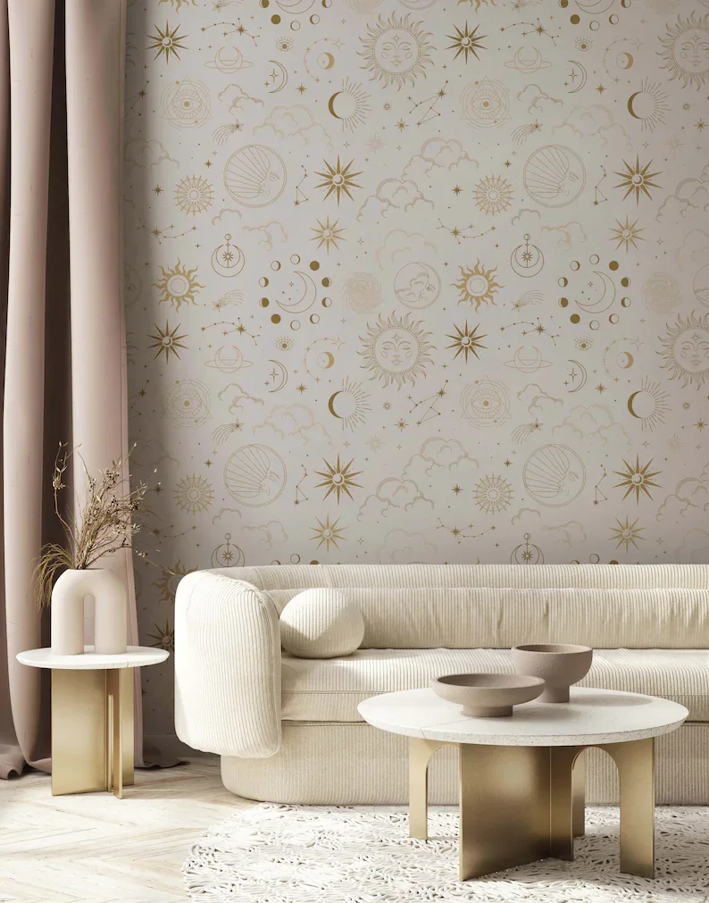 Stars Wallpaper | Moon & Stars Design | Celestial Occult Wallpaper With Moons, Stars, Clouds and More. Available In Beige, Purpl