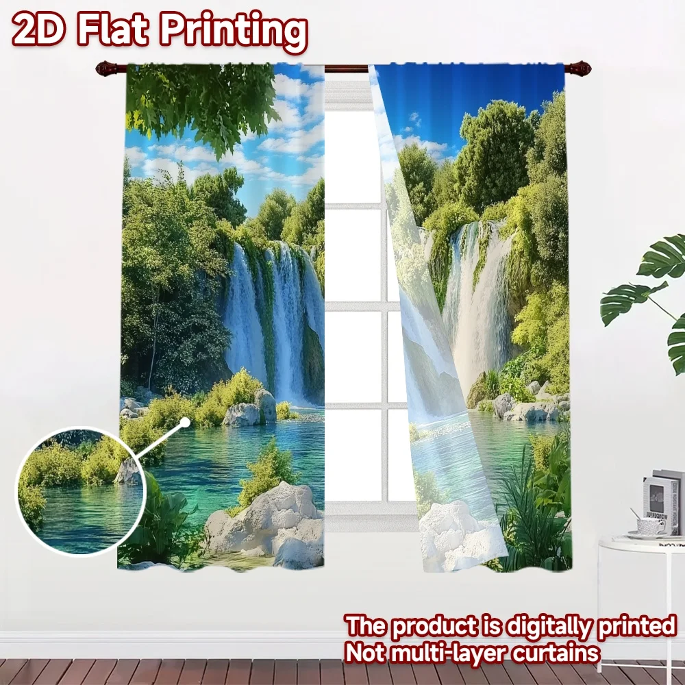 2D flat 2pcs Curtain Country Style Sunny Forest Waterfall Lake Durable polyester fiber Party & Holiday Decor Use for Holiday