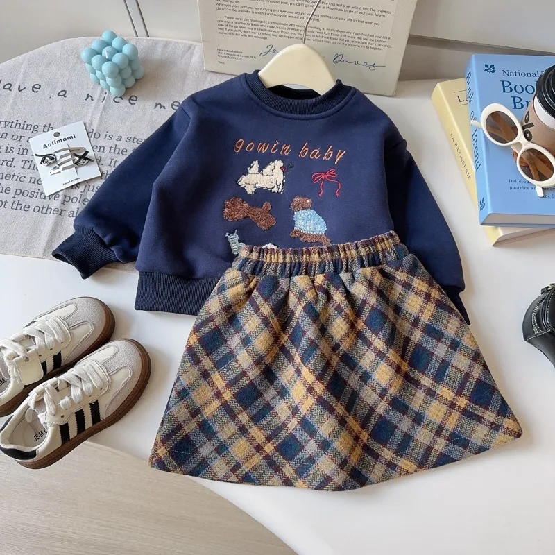 Winter Girls Clothing Sets New 2026 Plush Thick Cartoon Hoodie Plaid Skirt Children Two-piece Set 2 3 4 5 6 7Yrs
