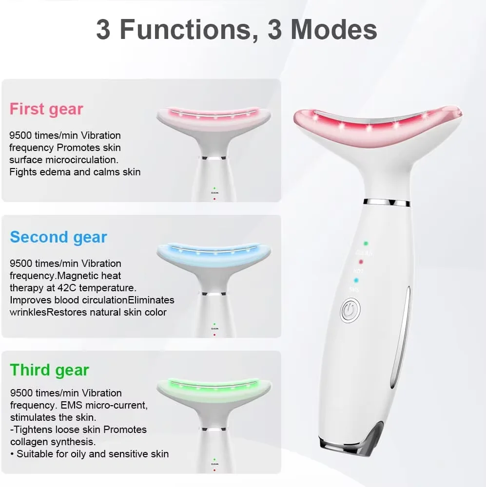 3 in 1 Neck Face Massager EMS Microcurrent Facial Beauty Device Neck Sculpting Tool LED Light Therapy with Thermal for Skin Care