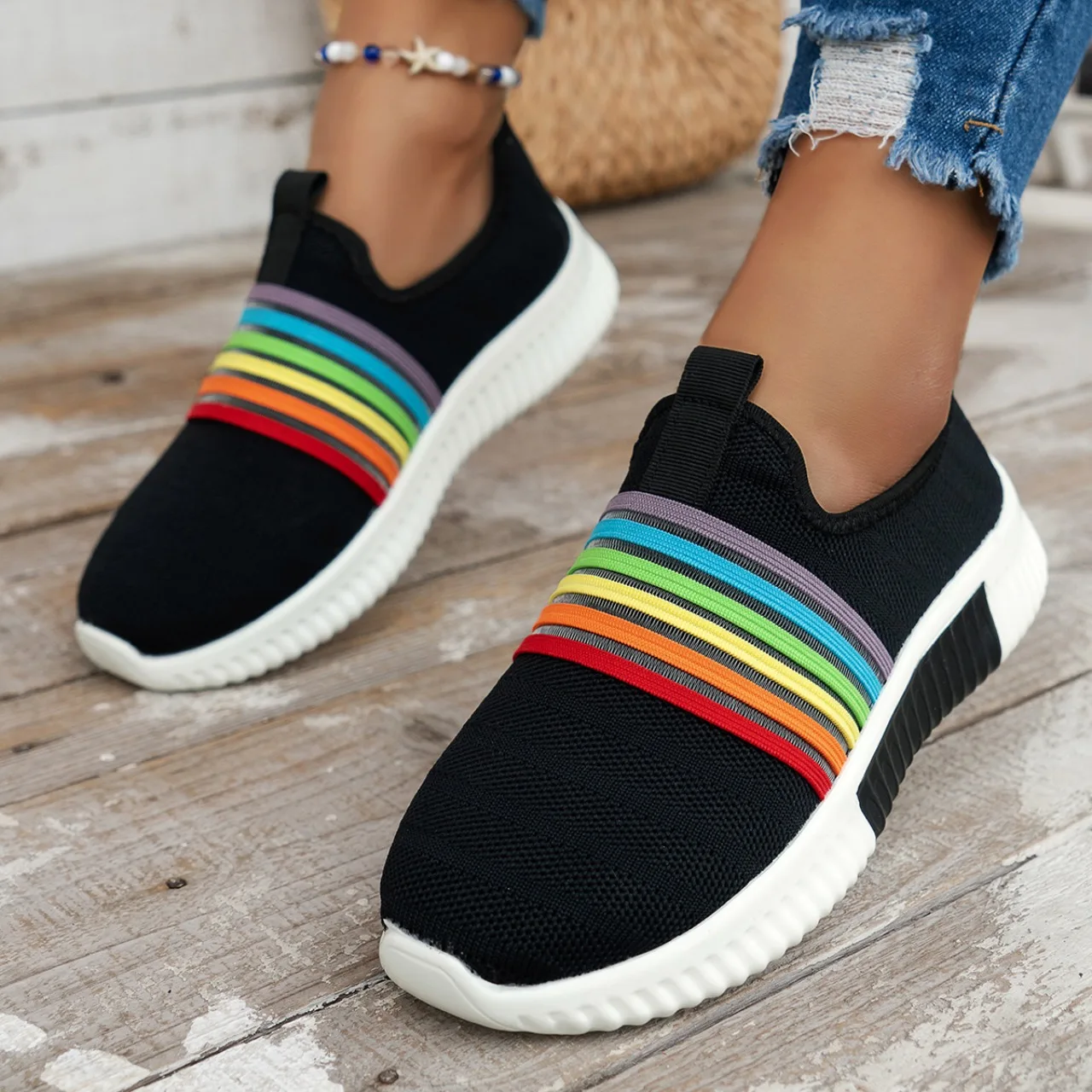 

New Fashion Women Sneakers Rainbow Color Handmade Mesh Vulcanize Leisure Shoes Low-top Summer Casual Ladies Shoes