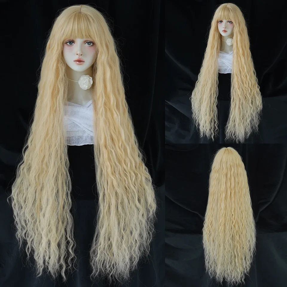 Peluca cosplay PARK YUN extra larga rubia con flequillo, rizos largos y sueltos, estilo Lolita, sintética resistente al calor, 44 pulgadas