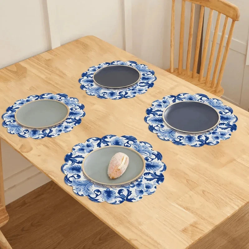 VIKAMA 4 Stück blau-weiße chinesische Porzellan-Tischsets mit Blumenmuster, hitzebeständige Tischsets für Küche, Esszimmer, Dekoration, Restaurantbedarf