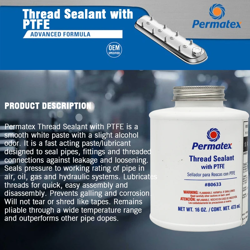 Permatex 80633 PTFE Pipe Thread Insulation Adhesive Heat-Resistant Sealant for Durable Joint Sealing