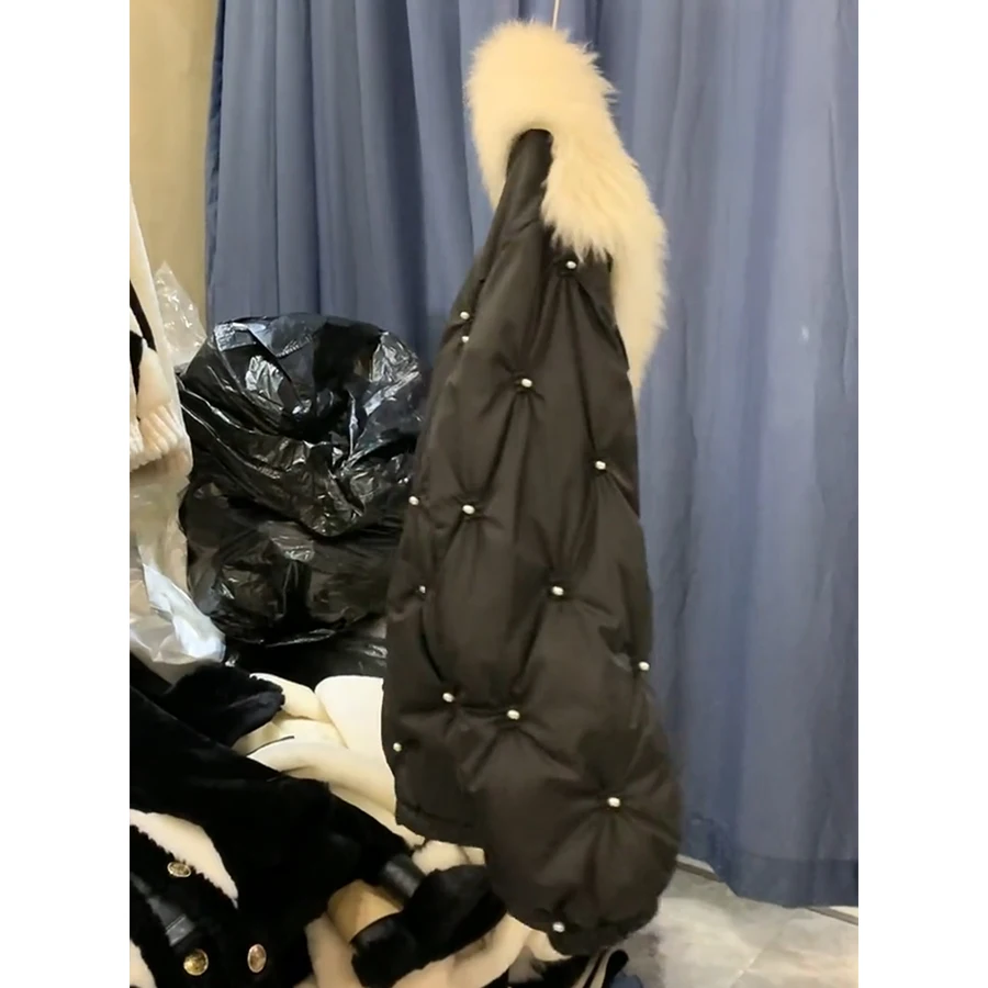 MENINA BONITA 2023 Winter White Goose Down Jacket Real Fur Coat Natural Fox Fur Collar Loose Luxury Women Overcoat New Fashion