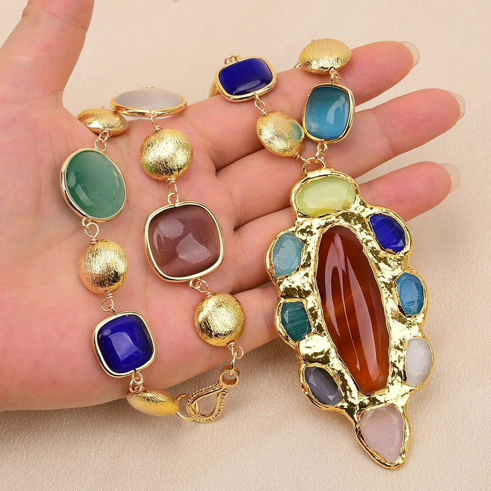 GG Natural Multi Color Cat Eye Stone Golden Brushed Coin Beads Necklace Agate Gems Pendant