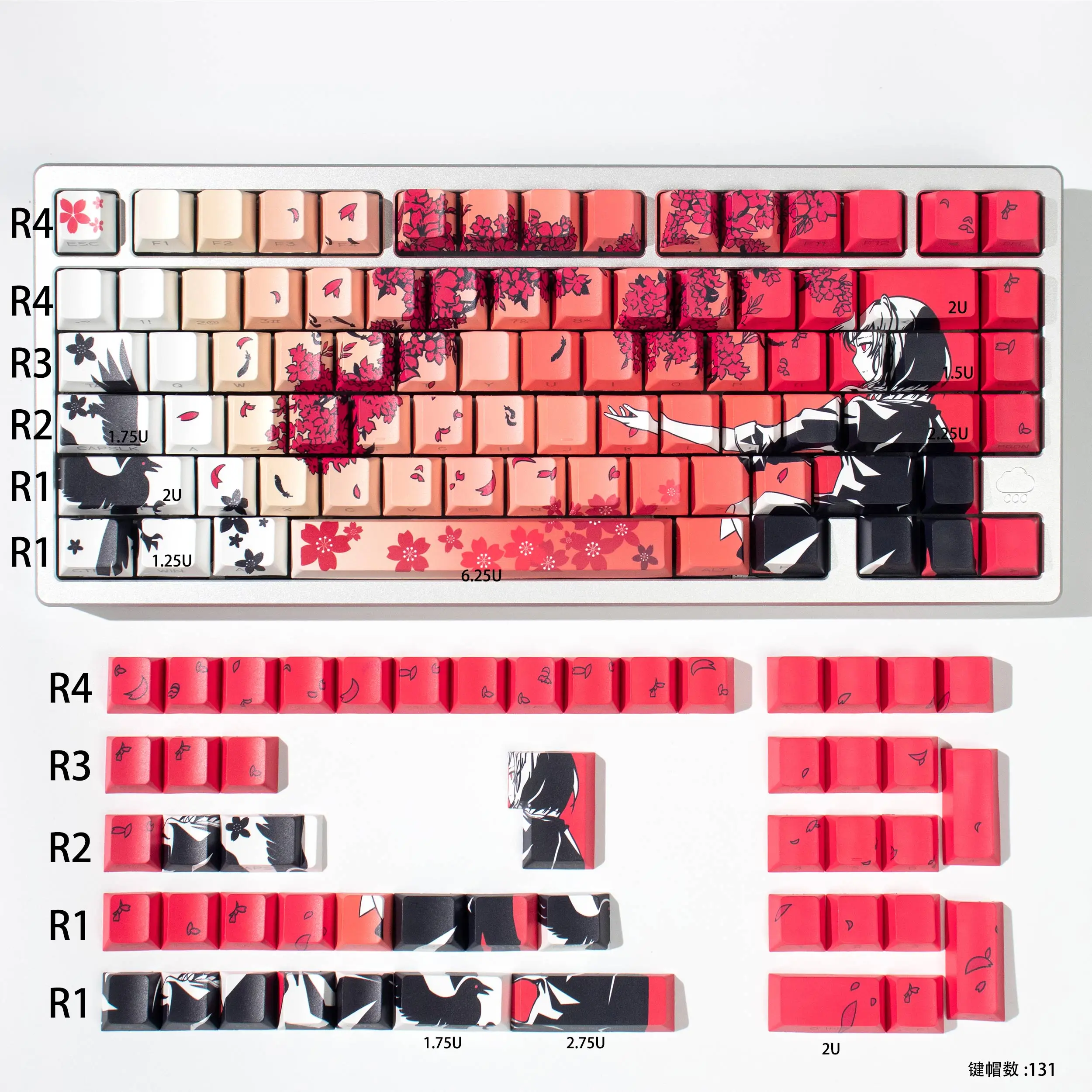 Imagem -04 - Sakura Raven Cherry Perfil Pbt Keycaps 131 Teclas de Sublimação Gx87 Crush80 Hi8 Hi75 Lucky65 Rainy75 Keycaps Teclado