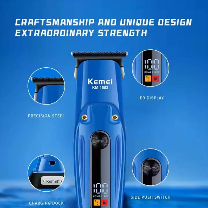 Kemei KM-1553 คุณภาพสูงผู้ชายผู้ใหญ่ไร้สาย Clipper พร้อมจอแสดงผล LED ตัดผม Clipper Salon ชาร์จ USB Wet & Dry
